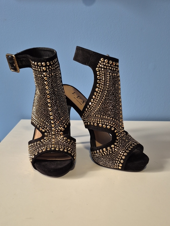 Lux Shoes - Lux Black Suede Open-Toe Ankle-Strap Heels with Gold Stud Embellishment